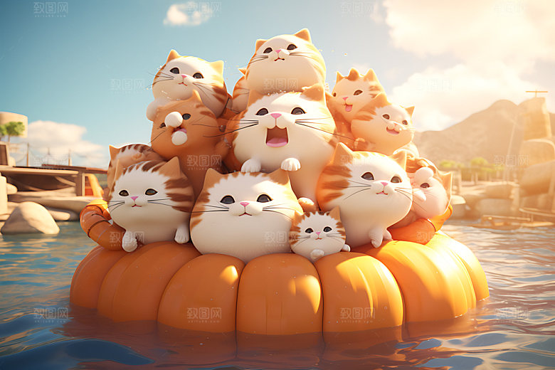 猫咪游泳可爱3D模型