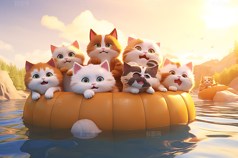 猫咪游泳可爱立体模型