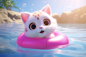 猫咪游泳小动物海边模型