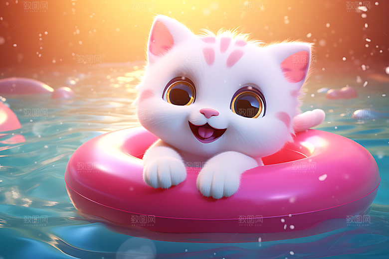 猫咪游泳海边立体模型