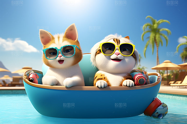 猫咪游泳小动物可爱模型
