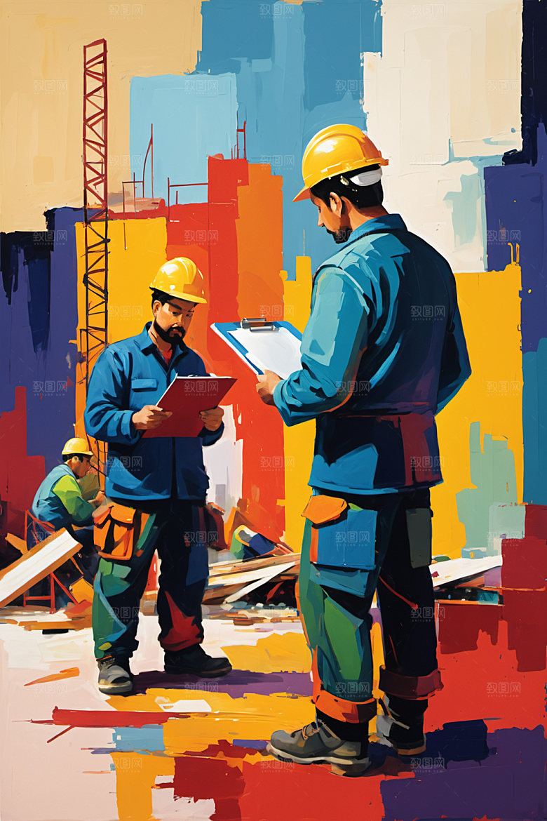 彩色工人建设建筑插画