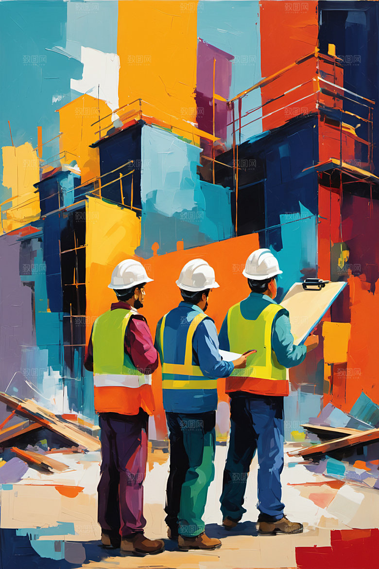 彩色工人建筑风格化插画