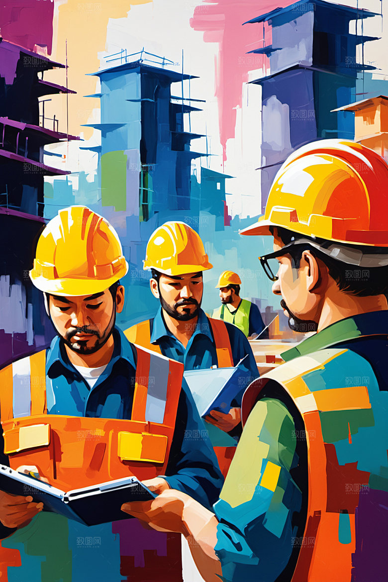 彩色工人工地建筑插画