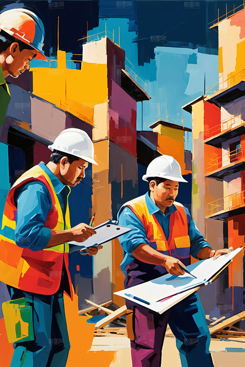彩色工人工地建筑插画
