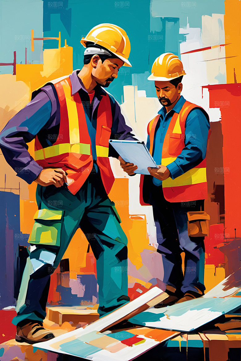彩色工人工厂建筑插画