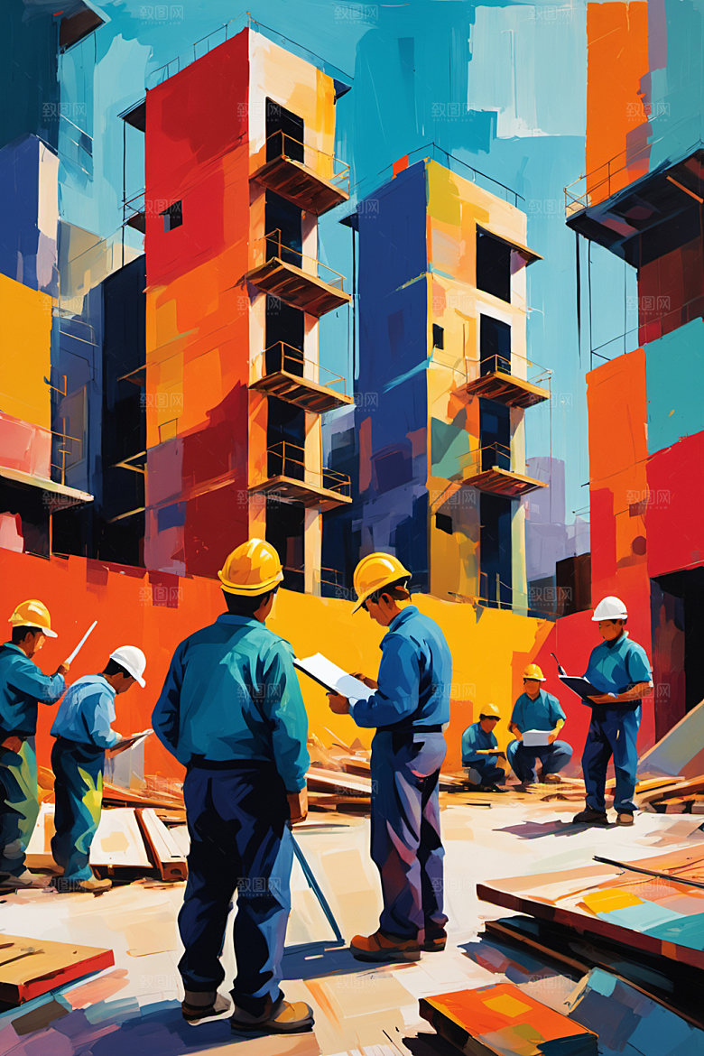 彩色工人工地建设插画