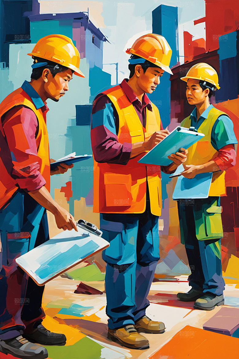 彩色工人工厂建筑插画