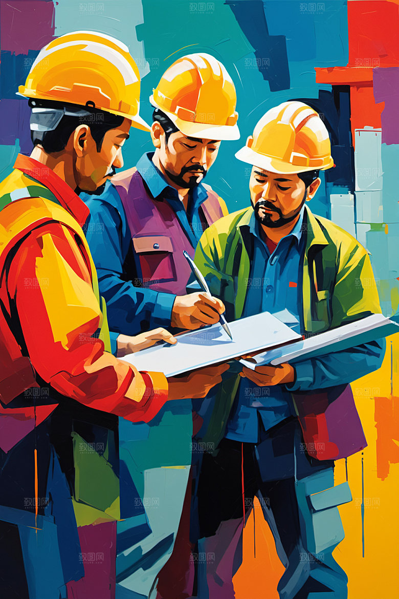 彩色工人工厂建筑插画