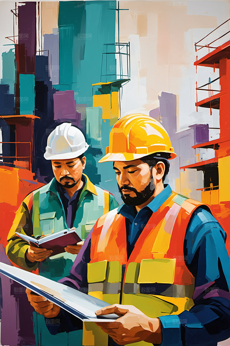 彩色工人工地建筑插画