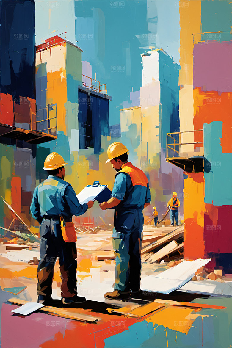 彩色工人工地建设插画