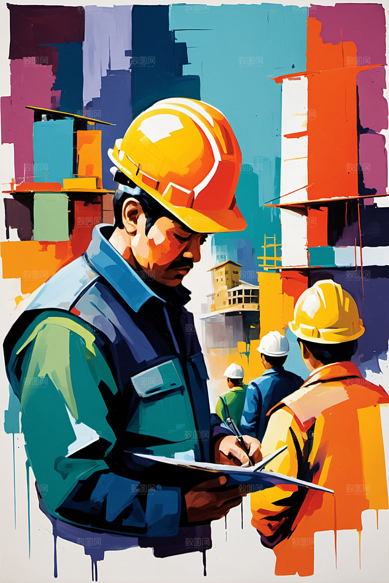 彩色工人建筑人物插画