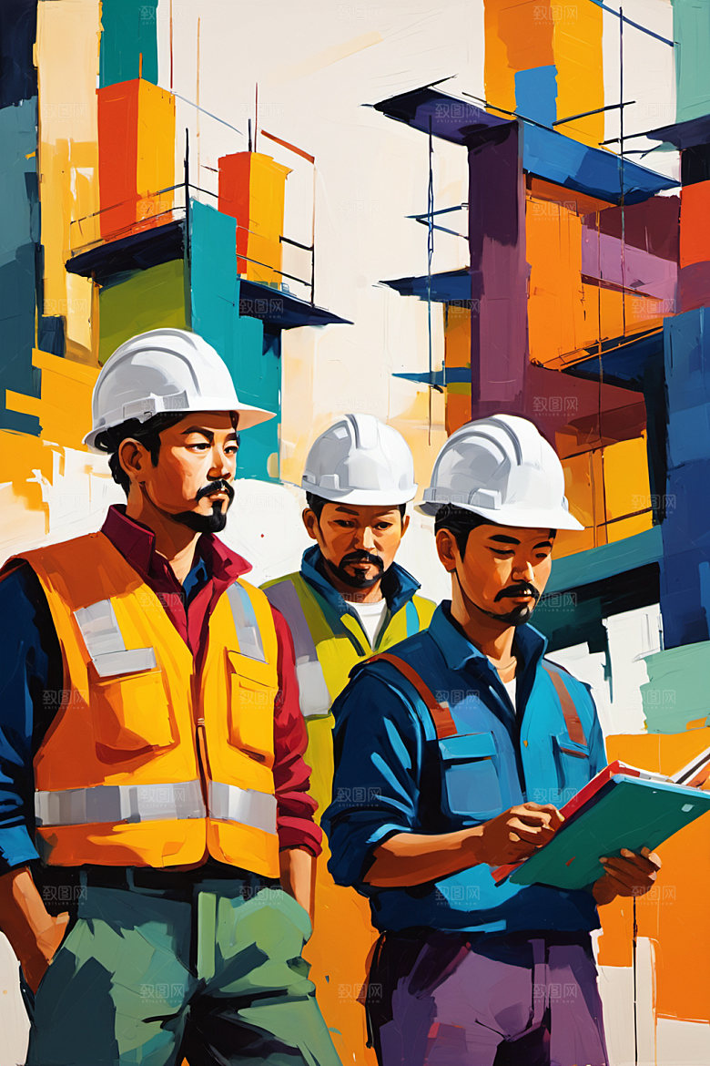 彩色工人风格化建设插画