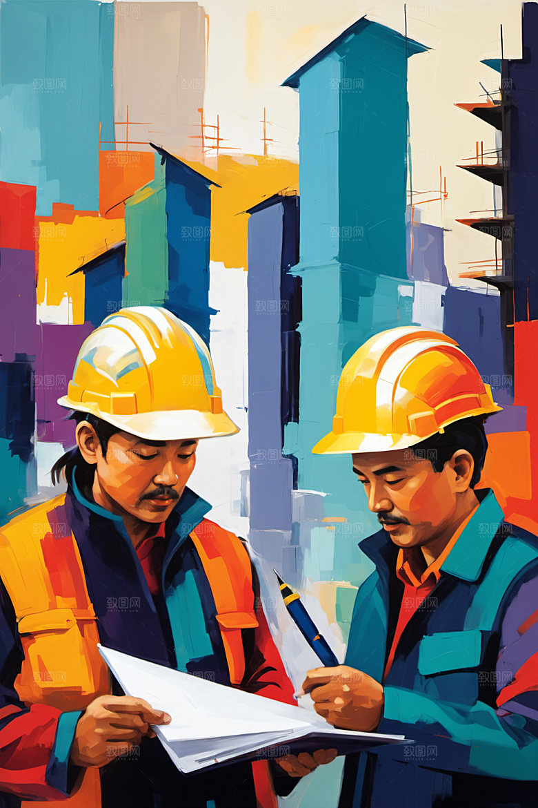 彩色工人建设建筑插画