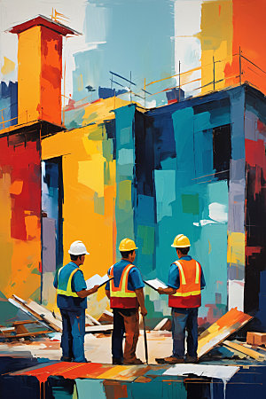 彩色工人工厂建设插画