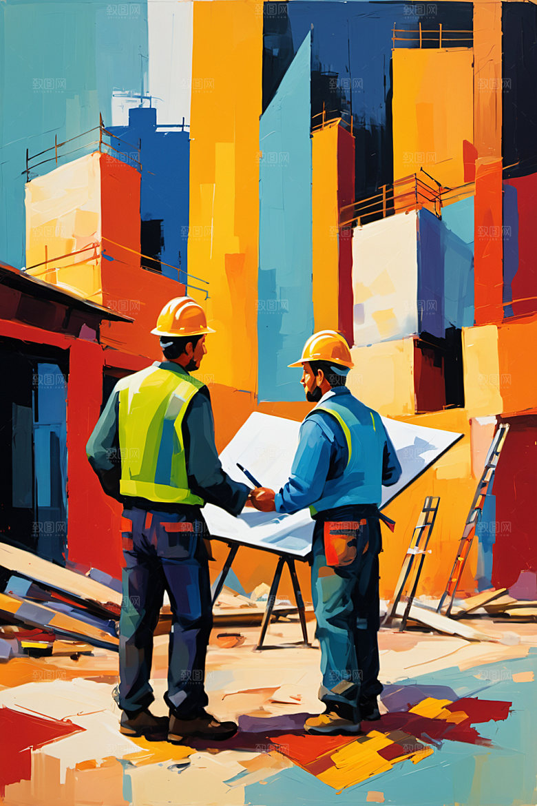 彩色工人涂鸦建筑插画