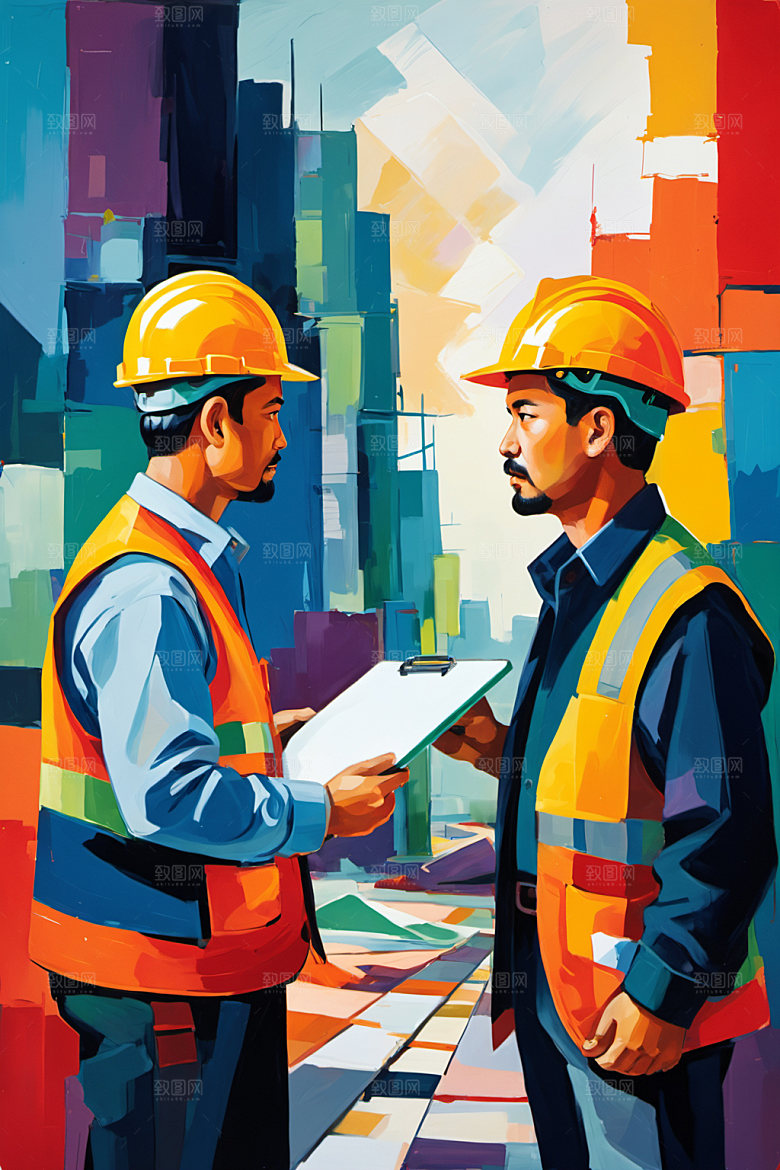 彩色工人建设建筑插画