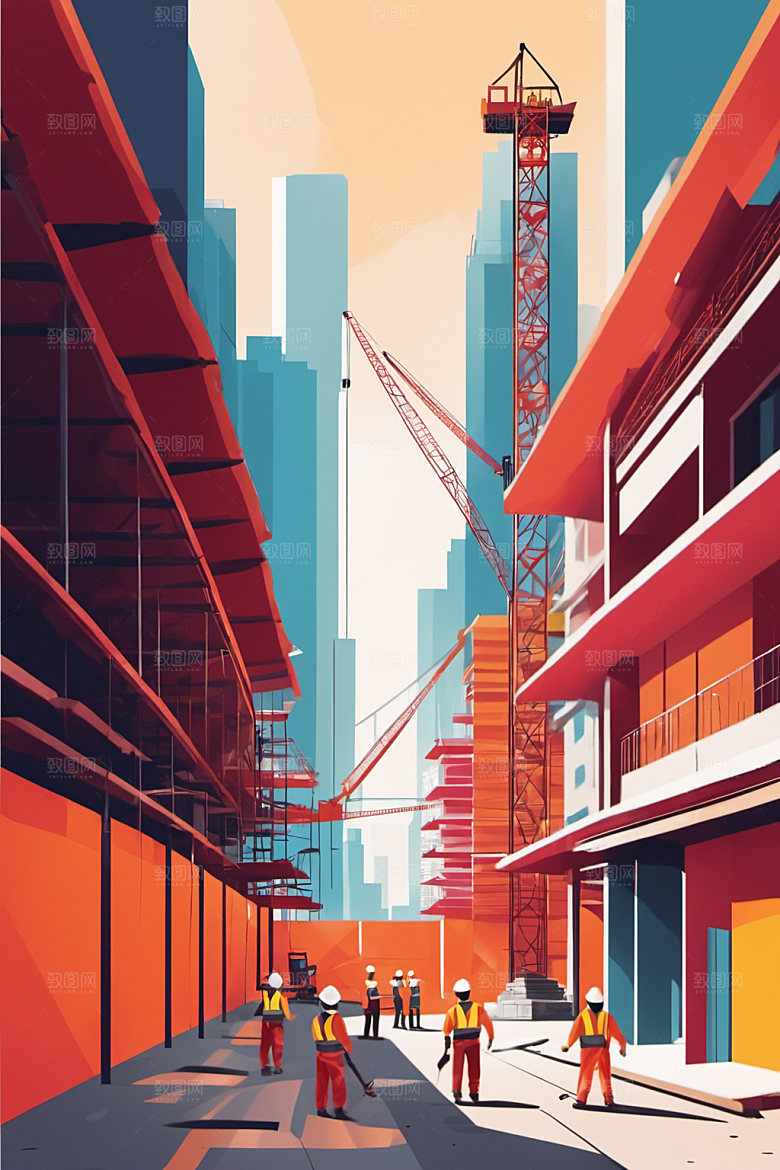 彩色工人建筑艺术插画