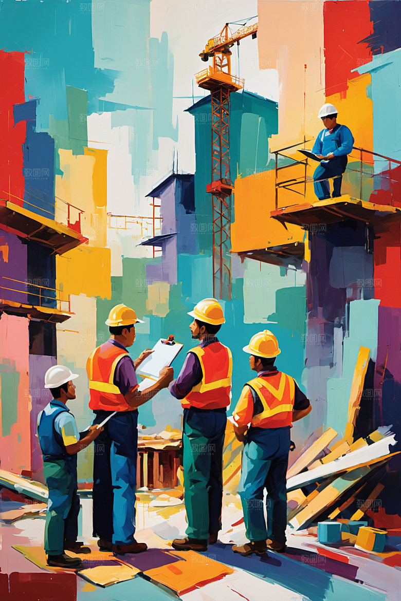 彩色工人建筑艺术插画