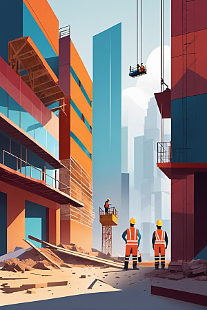 彩色工人涂鸦建筑插画