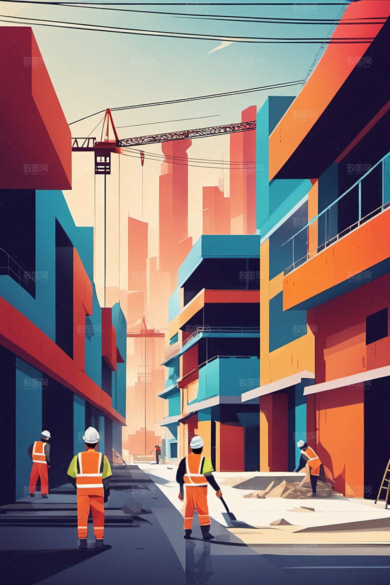 彩色工人人物建筑插画