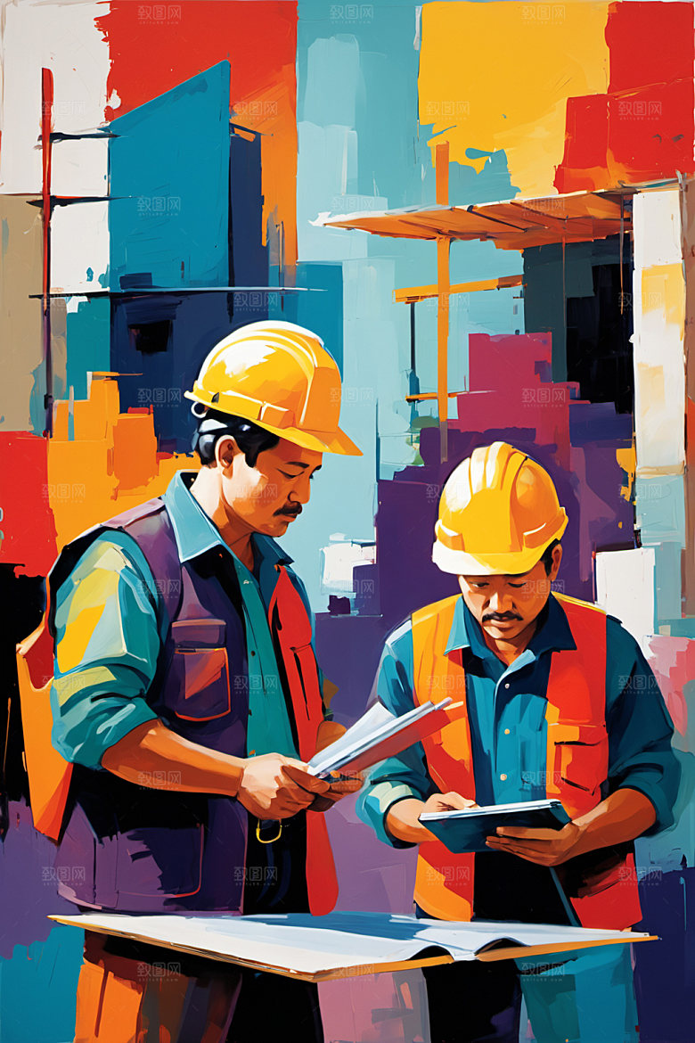 彩色工人建设工地插画
