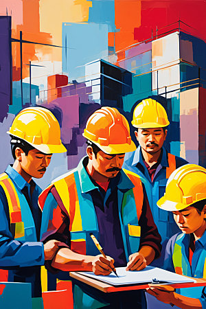 彩色工人人物建筑插画