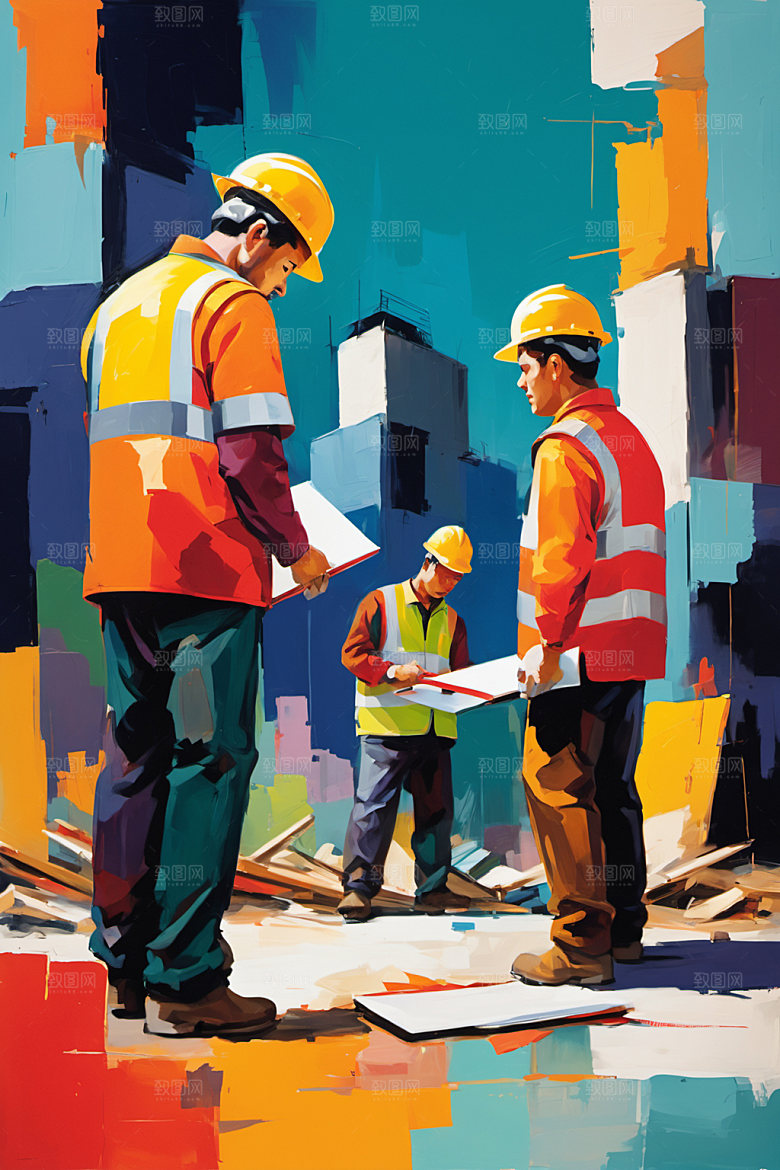 彩色工人工地建设插画