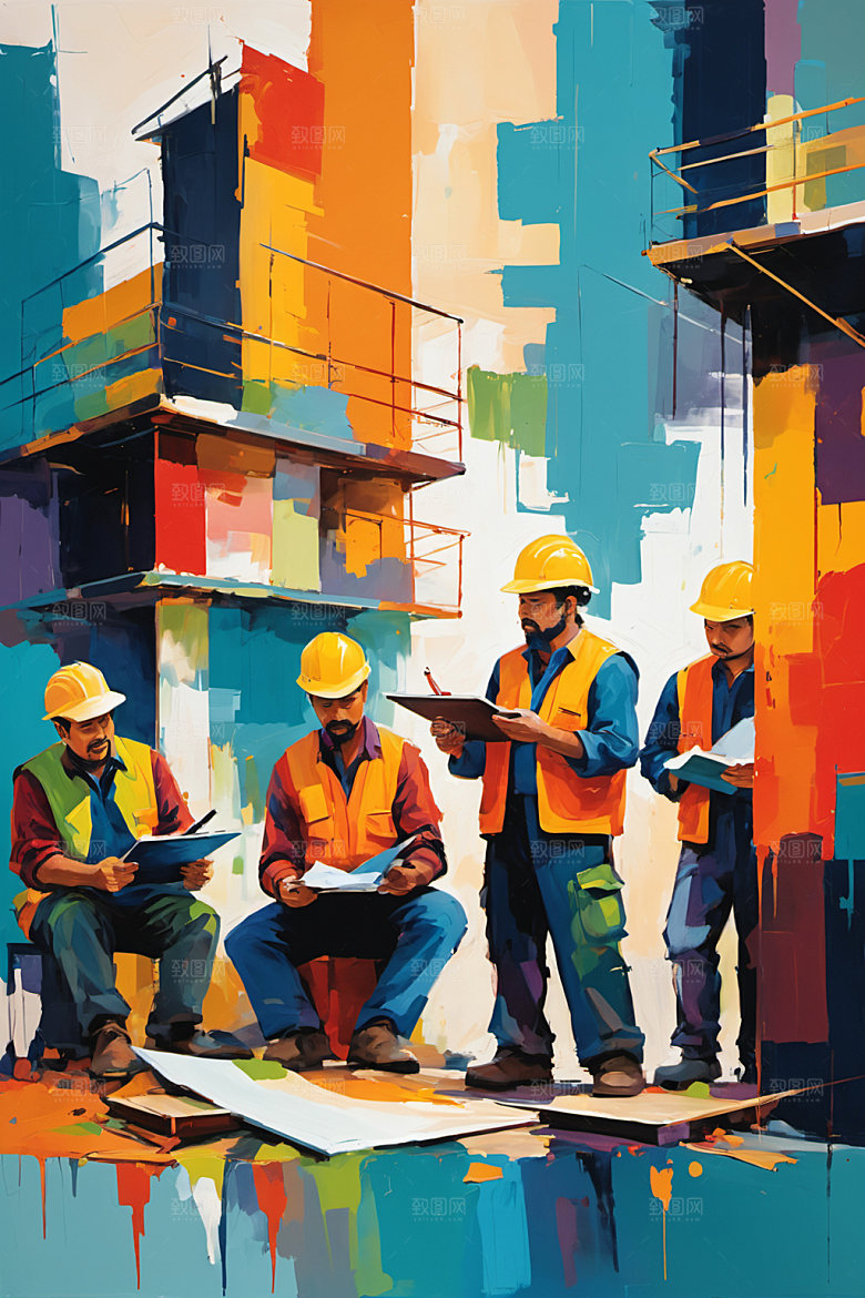 彩色工人建筑工地插画