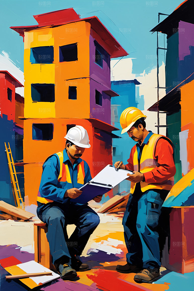 彩色工人工厂建筑插画