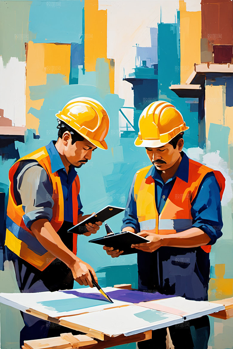 彩色工人工地建筑插画