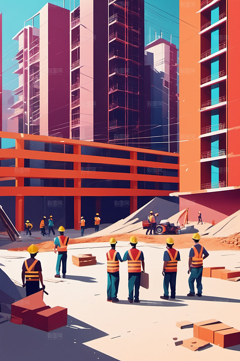 彩色工人工地建设插画