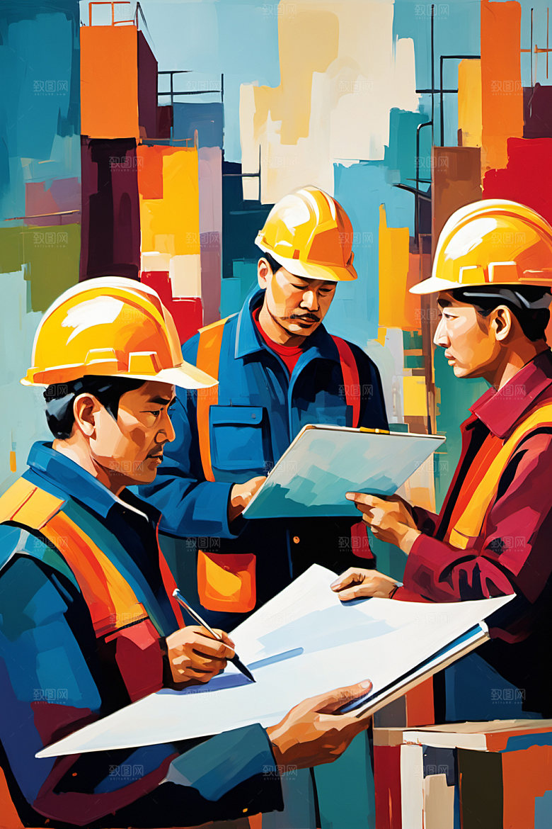 彩色工人建筑涂鸦插画