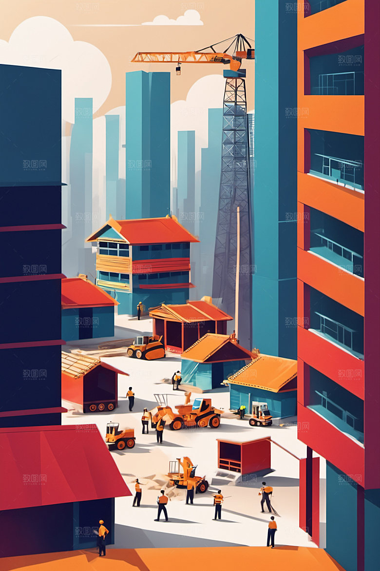 彩色工人工地建筑插画