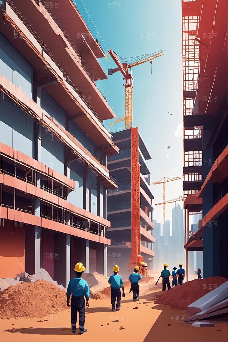 彩色工人生产建筑插画