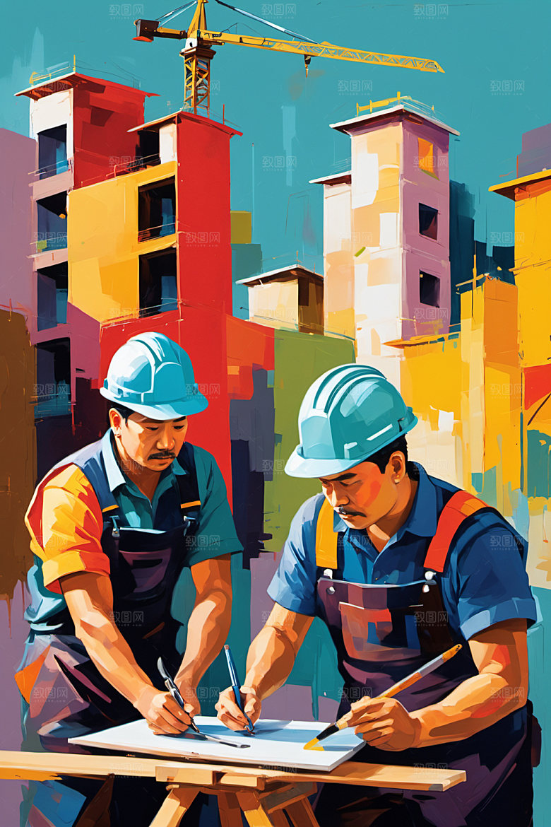 彩色工人工厂建筑插画
