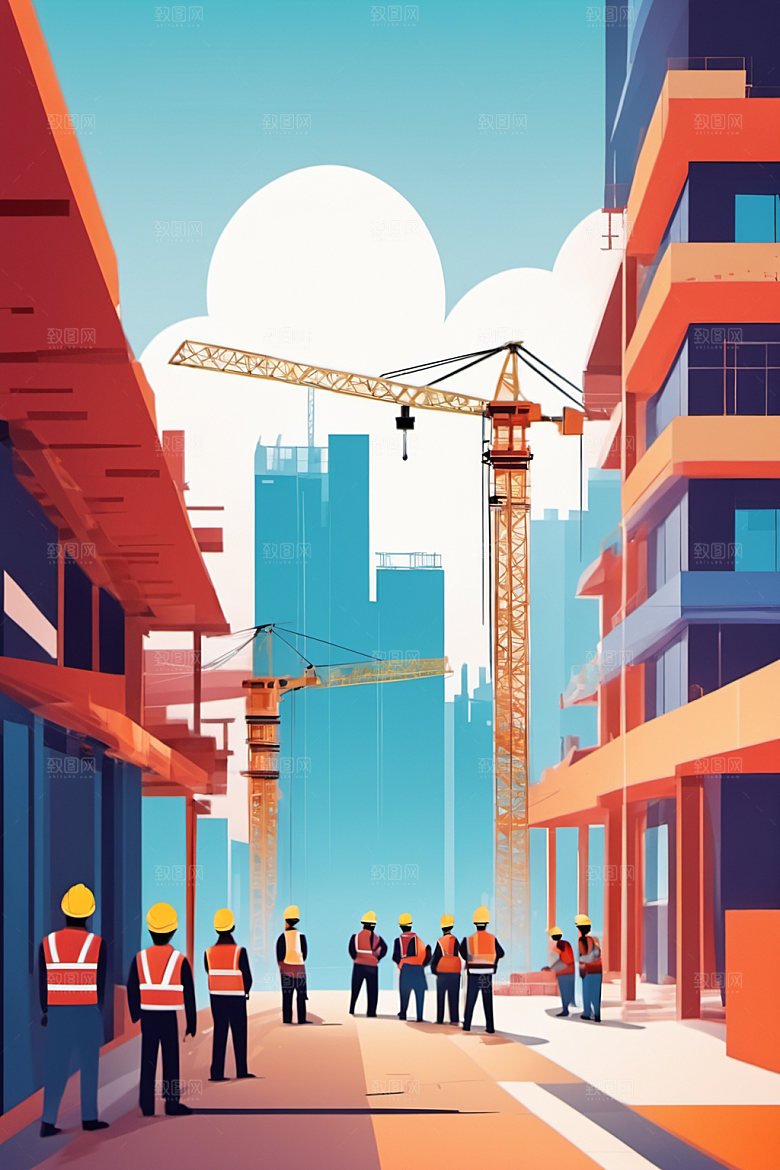 彩色工人风格化建筑插画