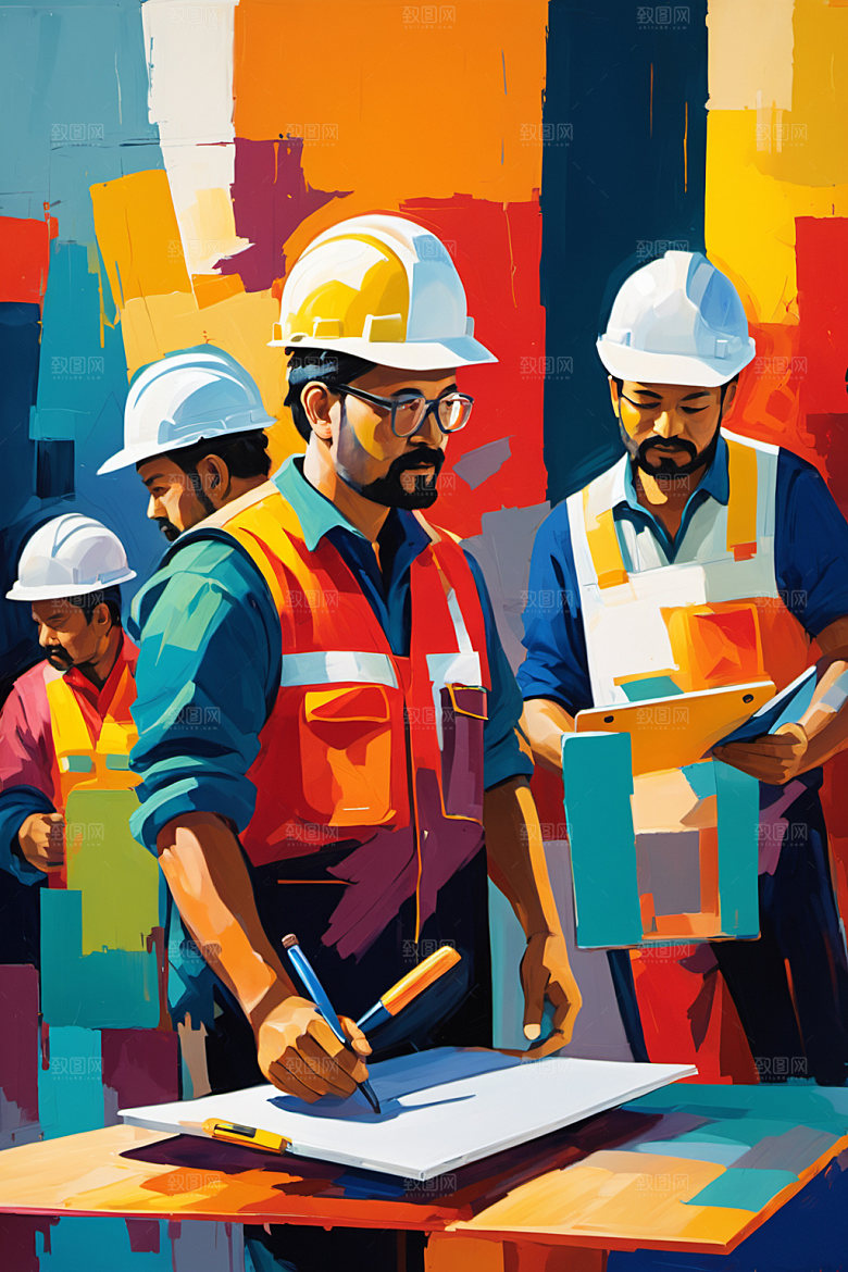 彩色工人人物建筑插画