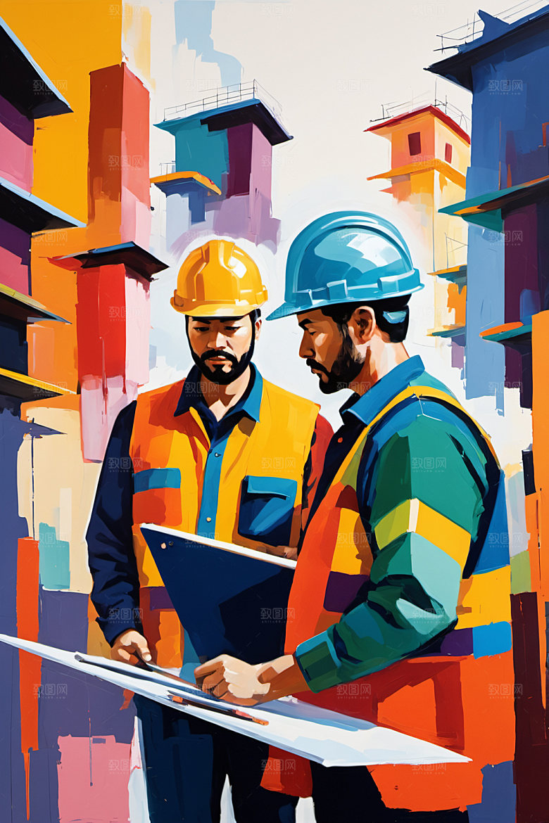 彩色工人建筑建设插画