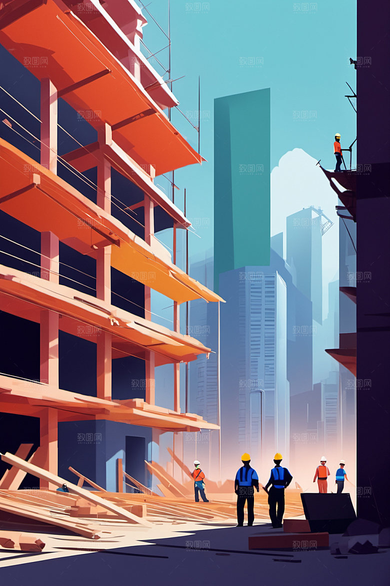 彩色工人建设建筑插画