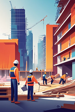 彩色工人建筑人物插画