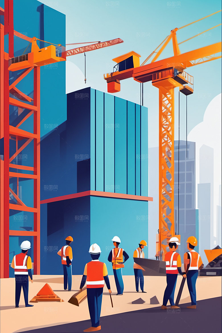 彩色工人建设工地插画