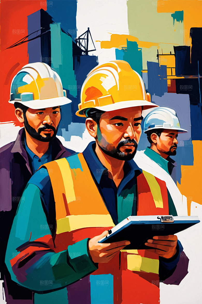 彩色工人建筑工厂插画