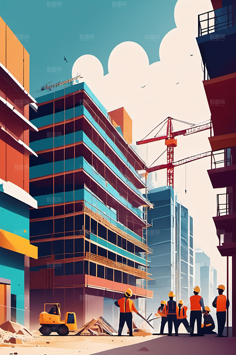 彩色工人建筑艺术插画