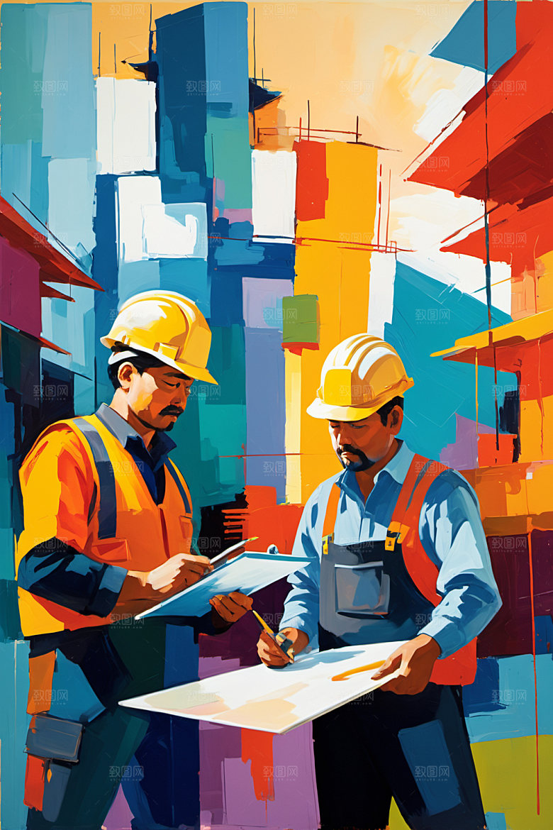 彩色工人建筑艺术插画