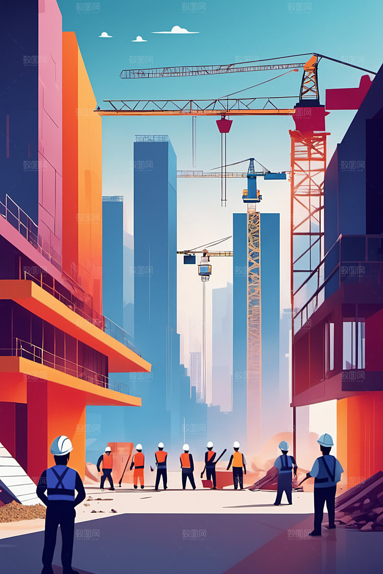 彩色工人建筑人物插画