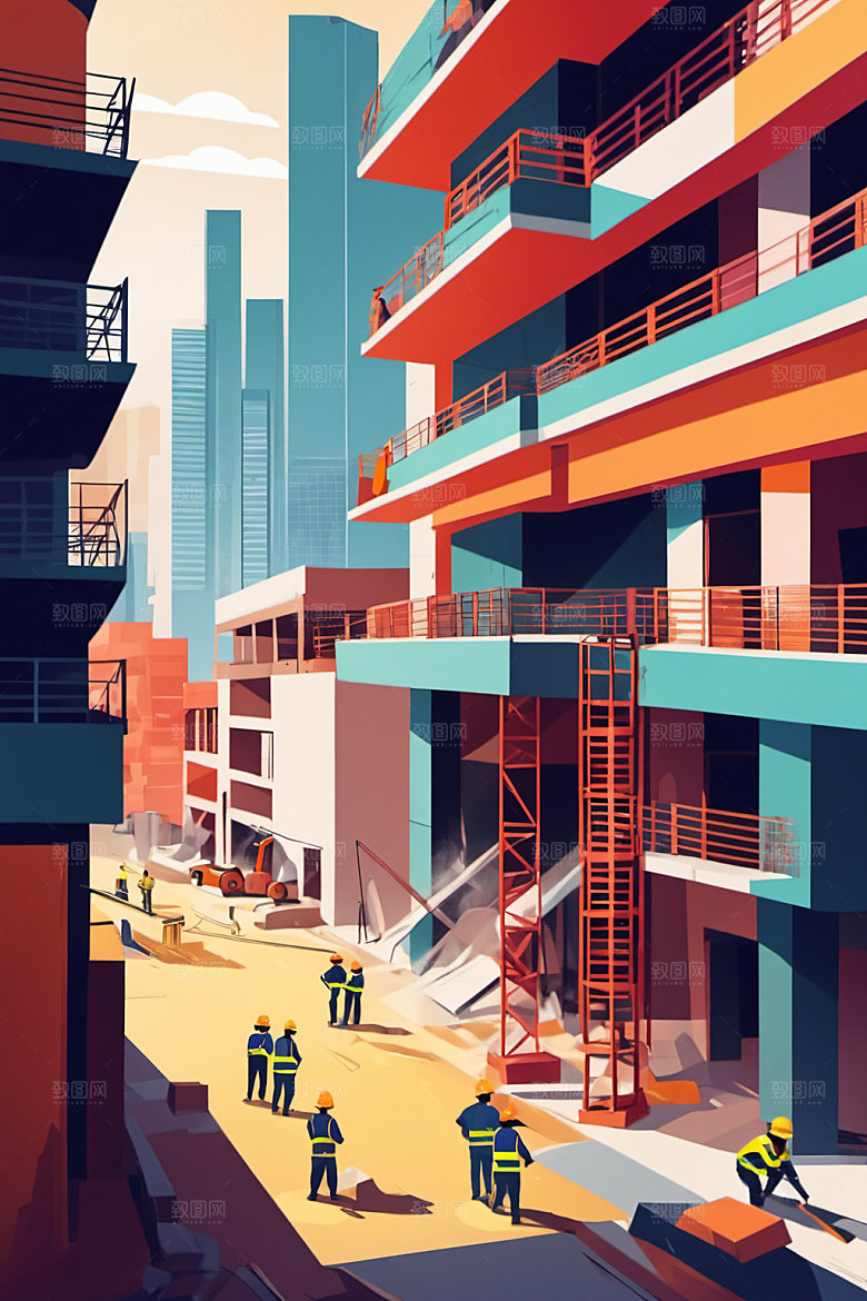 彩色工人建筑风格化插画