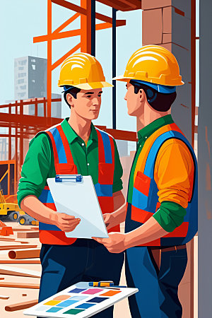 彩色工人艺术建筑插画