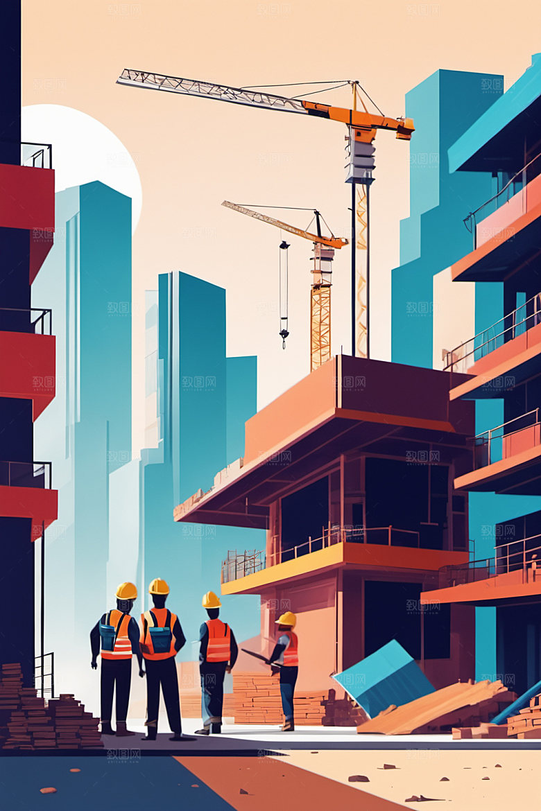 彩色工人建筑工厂插画