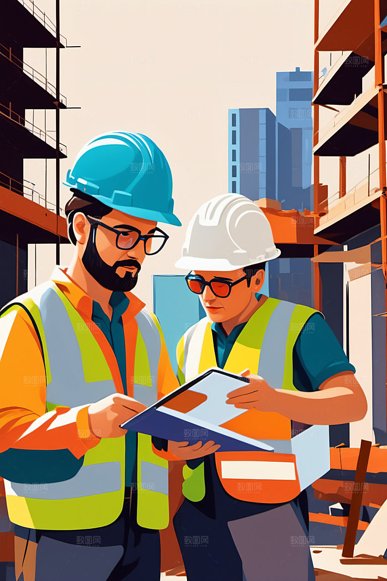 彩色工人建筑工地插画